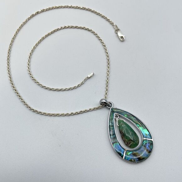 Italy 925 Sterling Silver Abalone Stone Teardrop Pendant Necklace Chain Boho - Picture 7 of 9